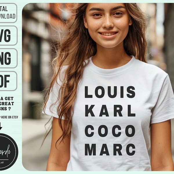 Designer Names Shirt SVG PNG PDF, Luxury Svg, Louis Vuitton, Karl Lagerfeld, Coco Chanel, Marc Jacobs, Commercial Licence