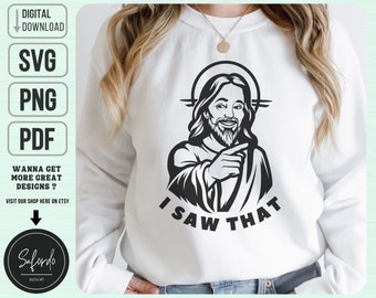 May include: White sweatshirt with a black and white illustration of Jesus pointing and saying "I saw that".