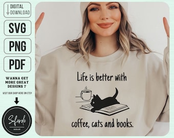 Funny Cat Books Coffee SVG PNG PDF, Funny Cat Shirt Png, Funny Cat Png, Cute Book Cat Png, Commercial Licence