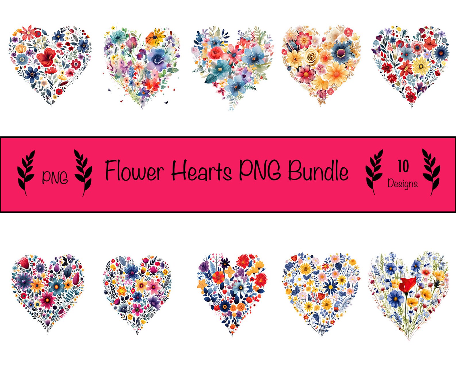 Flower Hearts Bundle PNG, Clipart Watercolour Flowers, Floral Heart ...