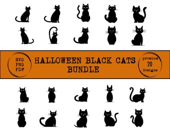 20 Black Cats Halloween  Bundle, SVG PNG PDF, limited commercial licence, scary cat, vector graphics halloween, digital download only