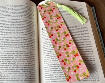 Strawberry Gingham Bookmark with Green Tassel, Book Accessories, Book Lover Gift, Handmade Bookmark