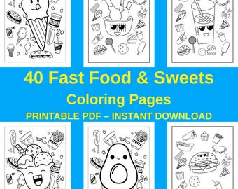 Fast Food & Sweets Coloring Pages for Kids: 40 Printable Designs (2 PDFs)