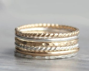 Set of 6 Gold With Silver Stackable Rings // Stacking Ring Set // 925 Silver and 14K Gold Filled Stackable Rings // Mixed Metals Rings Set