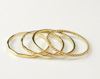 Gold 14k Plated Bands Rings Set, Stacking Stack Ring Set, Skinny Stack Ring, Thin Stack Ring, Gold Rope Ring, Gold Twist Ring, Best Ring Set