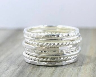 Set Of 8 925 Silver Stacking Rings, 925 Silver Stacking Ring Set, Simple Silver Hammered and Twist Bands, Beautiful Silver Bands Rings Set