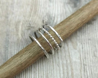 Set Of 4 Stacking Ring, Solid 925 Silver Stacking Ring Set, Hammered Band Ring, Textured Ring, Polished Ring, Beaded Ring, Stacking Ring Set