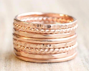 Set Of 8 Rings Stackable Rings, Pure Rose Gold Ring Set, Tiny Ring, Stacking Rings Set, Rose Gold Bands Rings Set, Hammered Bands Rings Set