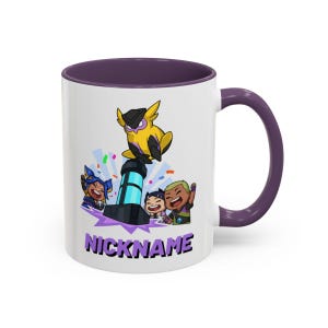 May include: White ceramic mug with a purple interior and handle. The mug features a colorful cartoon design with an owl, characters, and the word "NICKNAME" in purple and black.