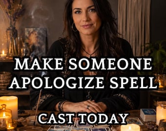 May include: A woman sits at a wooden table with tarot cards, crystals, and candles. The text "MAKE SOMEONE APOLOGIZE SPELL CAST TODAY" is displayed in large white letters. The scene evokes a mystical or spiritual theme.