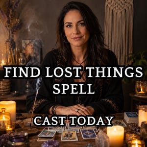 May include: A woman sits at a wooden table with tarot cards, crystals, and candles. The text "FIND LOST THINGS SPELL CAST TODAY" is displayed. Incense smoke rises, creating a mystical atmosphere.
