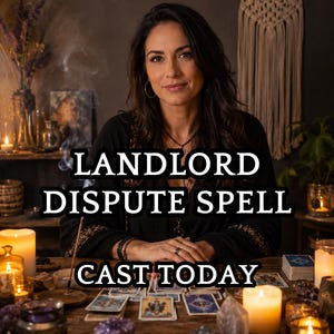 May include: A woman sits at a wooden table with tarot cards, crystals, and lit candles. The text "LANDLORD DISPUTE SPELL CAST TODAY" is displayed in bold white letters. The scene has a mystical, spiritual theme.
