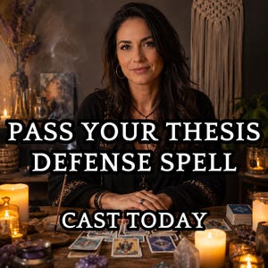 May include: A black long-sleeved garment with gold embroidery on the cuffs, worn by a person sitting at a wooden table with tarot cards, crystals, and lit candles. The text reads: PASS YOUR THESIS DEFENSE SPELL CAST TODAY.