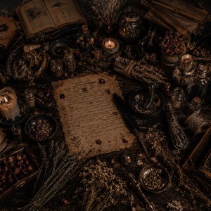May include: An overhead shot of a mystical arrangement featuring aged books, scrolls, and various apothecary items. Candles, dried herbs, and small jars are scattered across a dark wooden surface, creating a vintage aesthetic.
