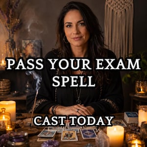May include: A woman sits at a wooden table with tarot cards, crystals, and candles. Text reads "PASS YOUR EXAM SPELL CAST TODAY." Incense smoke rises, and a macrame wall hanging is in the background. The scene has a mystical theme.