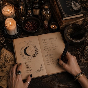 May include: An open journal with the text "New Moon Ritual" and handwritten notes on herbs and intentions. The image includes candles, books, and bottles, creating a mystical and spiritual theme. A hand with rings is writing with a feather.