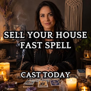 Puede incluir: Una mujer sentada en una mesa de madera con cartas del tarot, cristales y velas encendidas. El texto en la imagen dice: "SELL YOUR HOUSE FAST SPELL CAST TODAY."