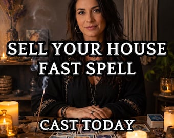 May include: An image featuring a woman seated at a wooden table with tarot cards, crystals, and lit candles. Text on the image reads "SELL YOUR HOUSE FAST SPELL CAST TODAY."