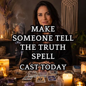 Peut inclure: Une femme est assise à une table en bois avec des cartes de tarot, des bougies et des cristaux. Le texte sur l'image dit : "MAKE SOMEONE TELL THE TRUTH SPELL CAST TODAY." L'ambiance est sombre et mystique.