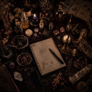 May include: A dimly lit, detailed image of a mystical workspace. A spiral-bound notebook with handwritten notes and a pen sits center. Surrounding it are candles, glass bottles, crystals, dried herbs, and small bowls, creating a witchy or apothecary theme.