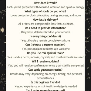 May include: A white card with a black border and text about spells, including how they work, types offered (love, protection, luck), delivery time, confidentiality, and beginner-friendliness. The card has crescent moon illustrations.