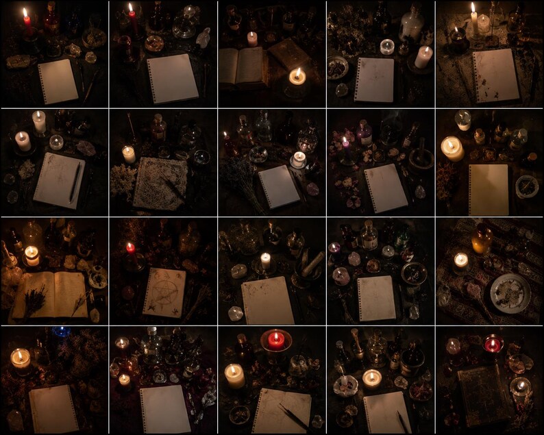 May include: A collection of images featuring a mystical theme. Each image showcases a notebook, candles, and various occult items like bottles, herbs, and crystals. The scenes are dimly lit, creating a mysterious and enchanting atmosphere.