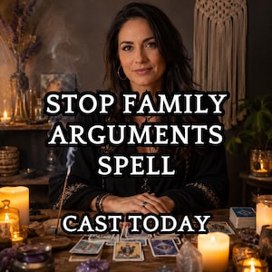 May include: A woman sits at a wooden table with tarot cards, candles, and crystals. The text "STOP FAMILY ARGUMENTS SPELL CAST TODAY" is displayed. Smoke rises from an incense stick, creating a mystical atmosphere.