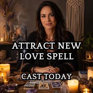 May include: A person sits at a wooden table with tarot cards, crystals, and lit candles. The text ATTRACT NEW LOVE SPELL CAST TODAY is overlaid in white with a black outline. The person wears a black top with gold embroidery on the sleeves.