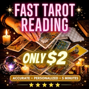 Peut inclure: Publicité pour une lecture de tarot rapide. L'image présente des cartes de tarot, des bougies, une boule de cristal et le texte "FAST TAROT READING" et "ONLY $2". Le texte "ACCURATE • PERSONALIZED • 5 MINUTES" est également inclus.
