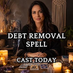Op de afbeelding: Een persoon met donker haar in een zwart bovenstuk zit aan een houten tafel vol tarotkaarten, brandende kaarsen en kristallen. Er stijgt rook op van een wierookstokje. De tekst DEBT REMOVAL SPELL CAST TODAY is in het wit met een zwarte rand toegevoegd.