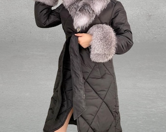Chaqueta bomber de piel para mujer - Puños y capucha desmontables de zorro escarchado - Piel de mujer - Chaqueta bomber - Chaqueta de piel de zorro escarchado - Chaqueta bomber impermeable