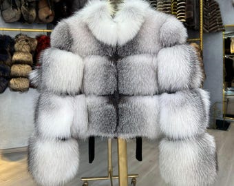 White And Black Color - Natural Frost Fox Fur Jacket - Real Fur Jacket - Women Fox Coat - Fox Fur Jacket - Premium Quality -