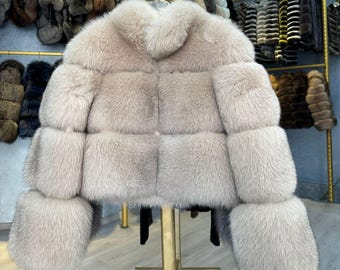 Beige Color Natural Frost Fox Fur Jacket - Real Fur Jacket - Women Fox Coat - Fox Fur Jacket - Premium Quality -