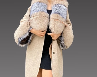 Beige Alpacan Coat With Fox Fur Frost  Fox Fur Jacket - Women Alpaca Coat - Long Alpaca Jacket . Fur Coat - Real Fox Fur Jacket