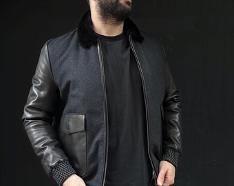Men Fur Jacket - Handmade Cashmere Jacket with Sheepskin Fur Collar - Men Sheepskin Jacket -