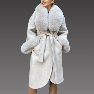 Alpacan Coat With Fox Fur a Fox Fur Jacket - Women Alpaca Coat - Long Alpaca Jacket . Fur Coat - Real Fox Fur Jacket