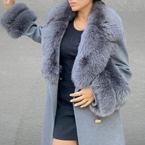 Women Cashmere Winter Coat with Fox Fur Trim – Luxury Outerwear for Women -  Gray women coat - Luxury fur coat - Elegant fur coat