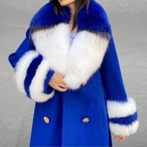 Women’s Cashmere Fur Coat with Fox Fur Details - Luxury Cashmere Coat with Fox Fur Collar – Elegant Winter Outerwear - Blue women coat -