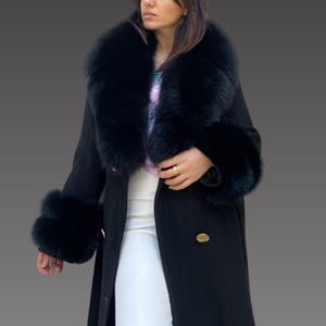 Cashmere women jacket - fox fur collar and cuffs - black women coat - black cashmere coat - fox fur jacket - women - long coat
