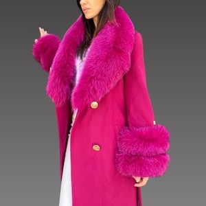 Cashmere women jacket - fox fur collar and cuffs - pink  women coat - pink cashmere coat - fox fur jacket - women long coat