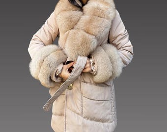 Chaqueta bomber de piel de zorro para mujer - Puños extraíbles de zorro - Abrigo de piel para mujer - Chaqueta bomber - Chaqueta de piel de zorro - Chaqueta bomber impermeable - Abrigo de piel -