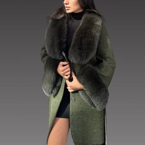 Alpacan Coat With  Fox Fur- Long  Fox Fur Jacket - Women  Alpaca Coat - Long Alpaca Jacket . Fur Coat - Real Fox Fur Jacket