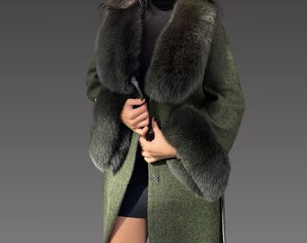 Alpacan Coat With  Fox Fur- Long  Fox Fur Jacket - Women  Alpaca Coat - Long Alpaca Jacket . Fur Coat - Real Fox Fur Jacket