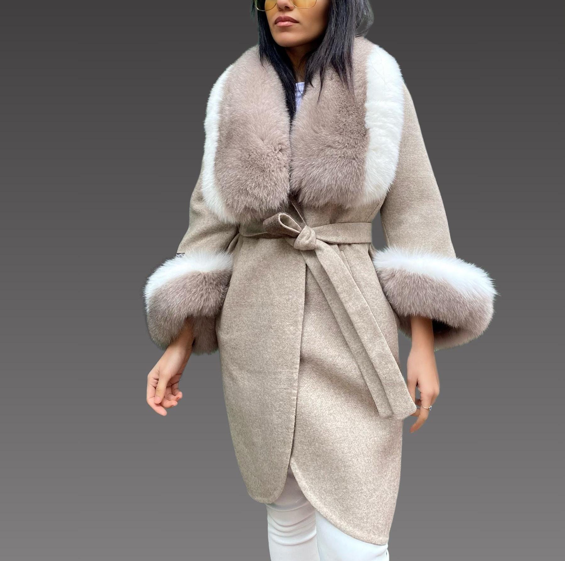Alpacan Coat With Fox Fur a Fox Fur Jacket - 2 color Women Alpaca Coat - Long Alpaca Jacket . Fur Coat - Real Fox Fur Jacket
