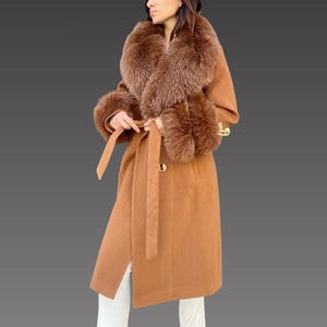 Cashmere women jacket - Fox fur collar and cuffs -  Brown women coat - Luxurious Cashmere Coat with Fox Fur Colla - Women long coat