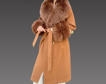 Cashmere women jacket - Fox fur collar and cuffs -  Brown women coat - Luxurious Cashmere Coat with Fox Fur Colla - Women long coat