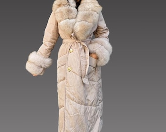 Women Long Bomber Fur Jacket - Fox Removable Cuffs  - Women Long Fur Coat - Bomber Jacket -Fox Fur Jacket - Waterproof Bomber Jacket -