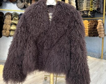 Dark Brown Coat Mongolian Curly Jacket - Real Tibetan Lamb Fur Coat - Shaggy Coat - Tibetan Fur Coat - Real Fur