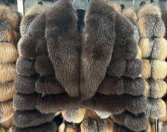 J8887★フォックス*リアルファー*本毛皮*裏地:花柄刺繍◎ショールカラー*ハーフコート*オーバーコート*ブラウン×ベージュ*L-XL相当