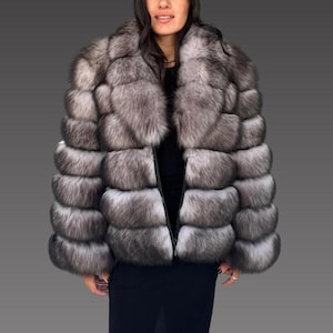 Women Real Fox Fur -  Removable Sleeves Fox Fur Jacket-  Premium Quality Fur -  Women Light Sobul Color Fox Fur Jacket - Women Gift -
